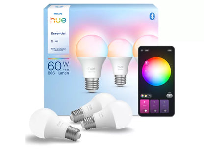 Philips Hue Essential A60 E27 smartpære 3-pakning – White and Color Ambiance, Bluetooth og Zigbee