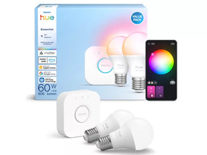 Philips Hue Essential startpakke E27 – 2 smartpærer, Hue Bridge, White and Color Ambiance