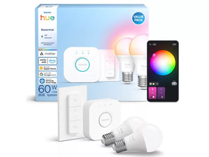 Philips Hue Essential startpakke E27 med dimmer – 2 smartpærer, Hue Bridge, White and Color Ambiance