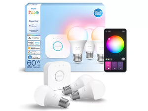 Philips Hue Essential startpakke E27 3-pakning – Hue Bridge, White and Color Ambiance, Bluetooth og Zigbee