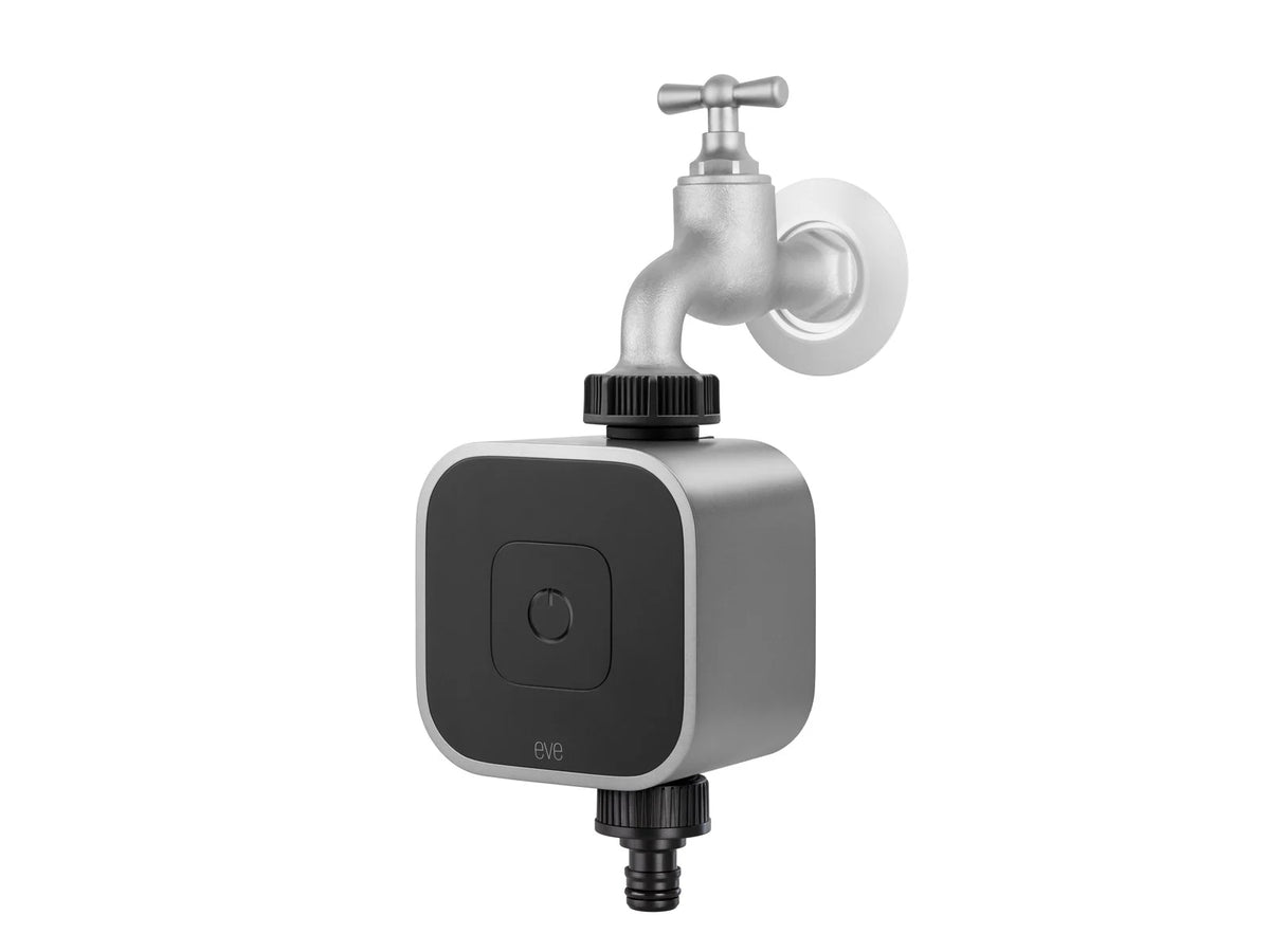 Automatiser hagevanningen med Eve Aqua. Smart vanningskontroller med Apple HomeKit, Siri, Thread og opptil 7 vanningsperioder daglig.