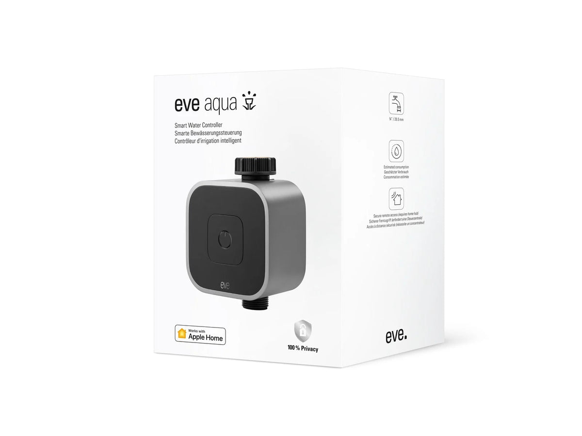 Automatiser hagevanningen med Eve Aqua. Smart vanningskontroller med Apple HomeKit, Siri, Thread og opptil 7 vanningsperioder daglig.