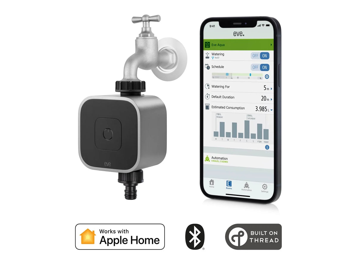 Automatiser hagevanningen med Eve Aqua. Smart vanningskontroller med Apple HomeKit, Siri, Thread og opptil 7 vanningsperioder daglig.