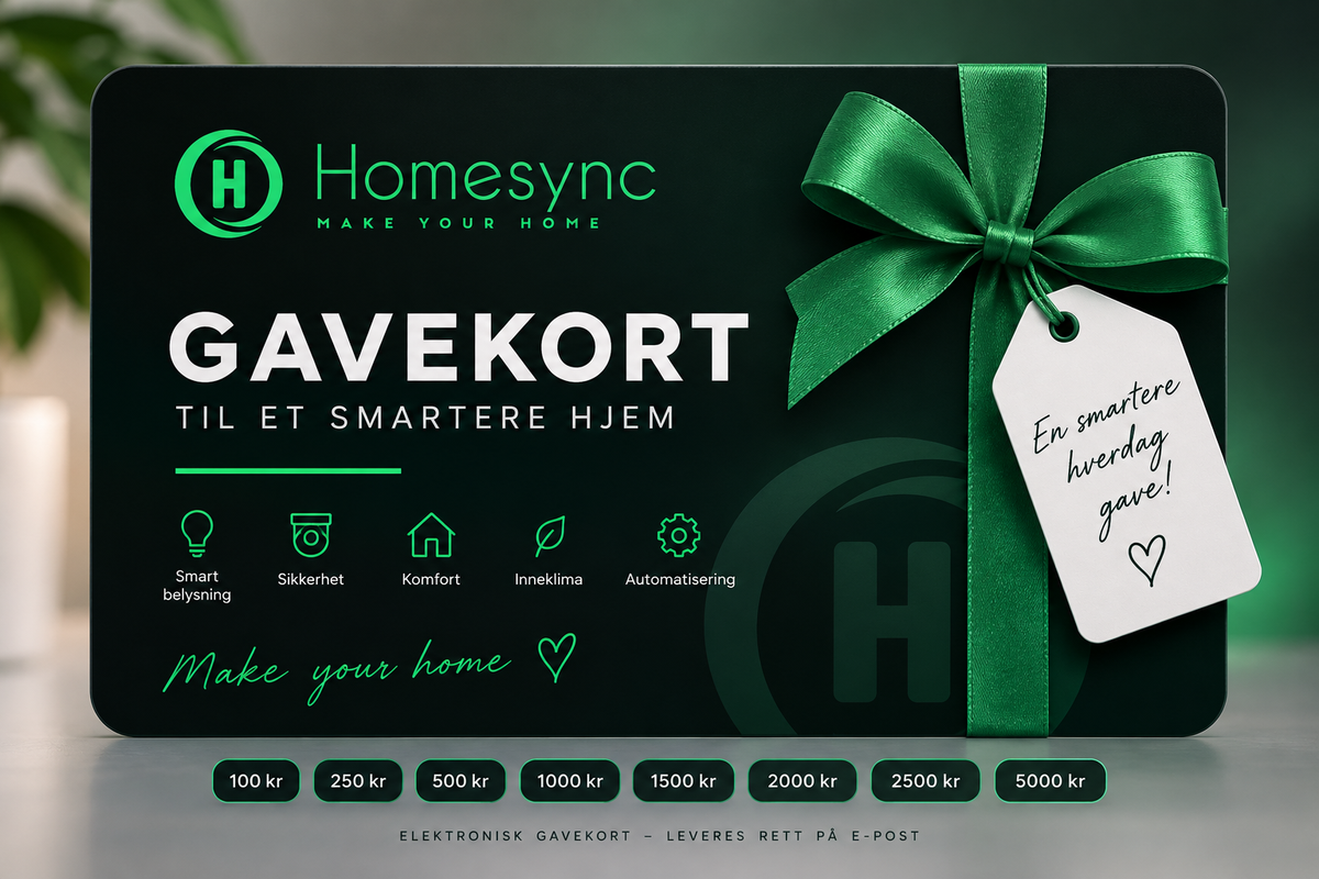 Kjøp elektronisk gavekort til smarthus og teknologi hos Homesync. Velg mellom 100 og 5000 kr og la mottakeren finne sin perfekte smarthusgave.