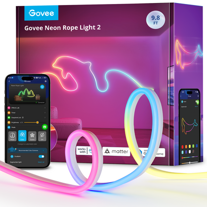 Govee Neon Rope Light 2 3 m smart neonlys – RGBIC, Matter, Wi-Fi, Bluetooth og formbart design