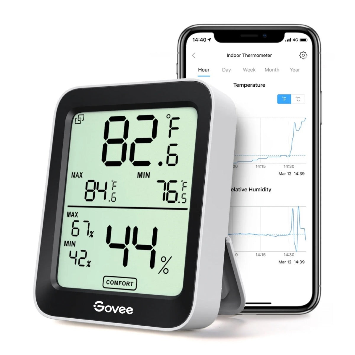 Temperatur- og fuktighetsmåler med skjerm og Bluetooth. Følg temperatur og luftfuktighet direkte på skjermen eller i appen for et bedre inneklima.