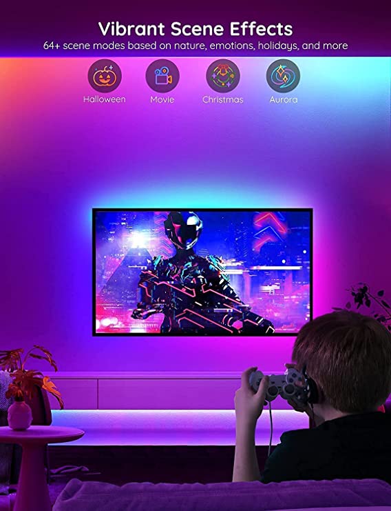 Smart LED-stripe med RGBIC-teknologi og millioner av farger. Perfekt for stemningsbelysning, gaming og smarte hjem.