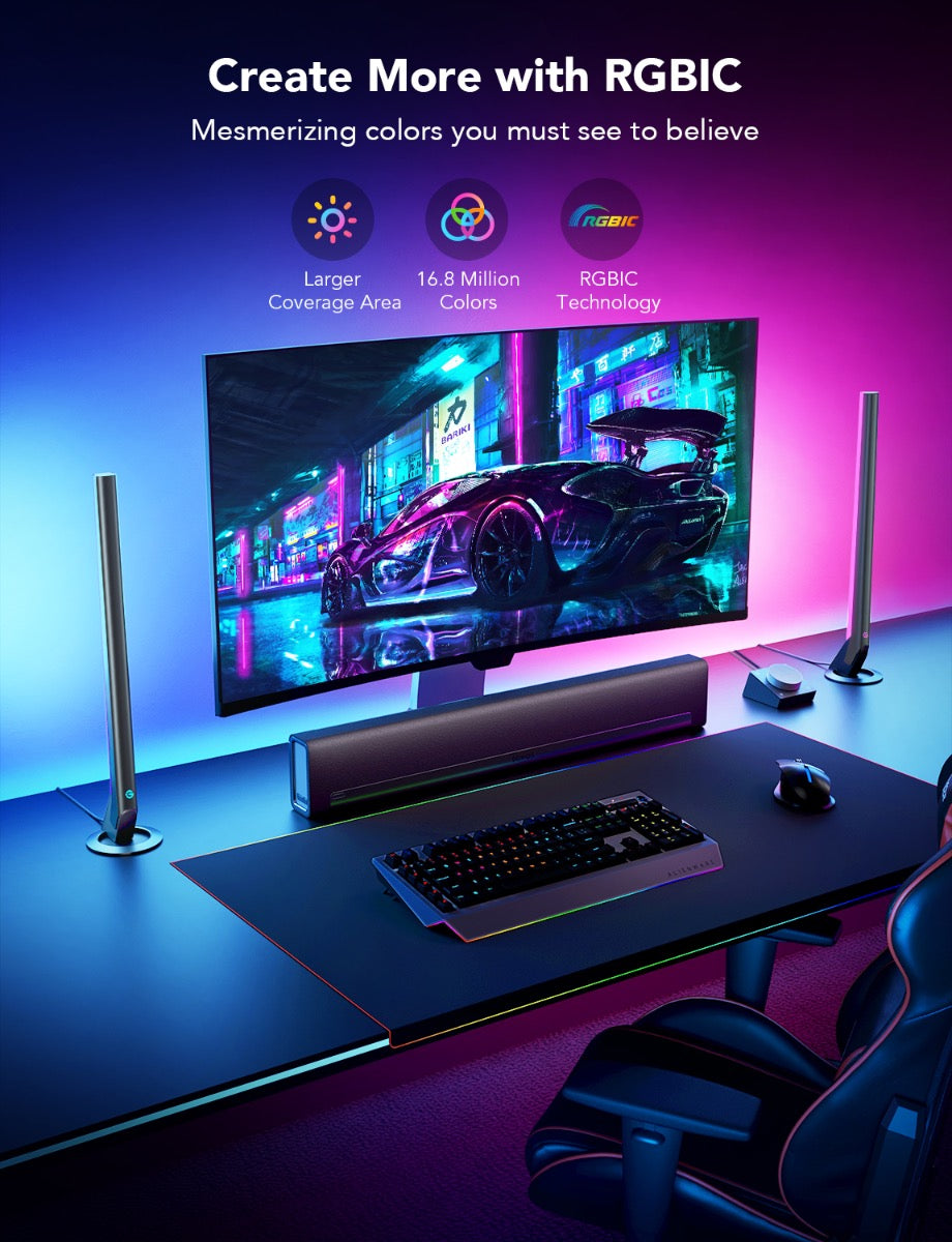 Smarte gaming lysbarer med RGBIC, Wi-Fi og musikkmodus. Skap en mer levende spillopplevelse med dynamiske lyseffekter.