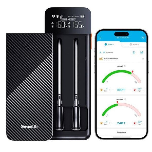 Trådløst steketermometer med to prober, LCD-base, Wi-Fi, Bluetooth og appstyring. Govee Smart Wireless Meat Thermometer gir presis temperaturkontroll ved grill, smoker og ovn.