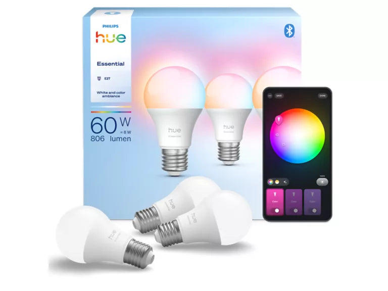 Smartpærer E27 med millioner av farger og justerbart hvitt lys. Styr lyset med app, Bluetooth eller Hue Bridge.