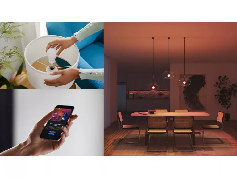 Smartpærer E27 med millioner av farger og justerbart hvitt lys. Styr lyset med app, Bluetooth eller Hue Bridge.