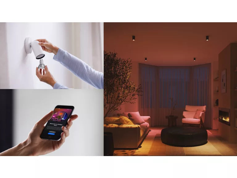 Smartspot GU10 med millioner av farger og dimbart hvitt lys. Styres enkelt med app, Bluetooth eller Hue Bridge.