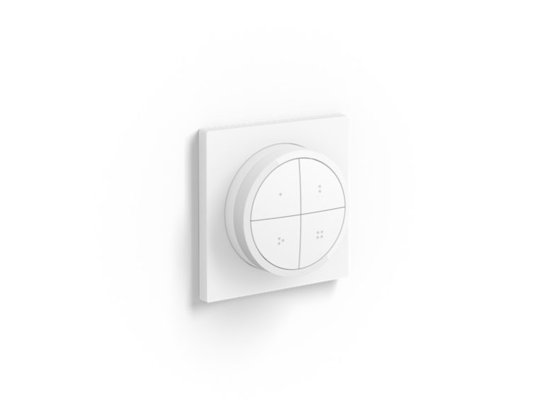 Philips Hue Tap Dial Switch Hvit er en trådløs bryter til Philips Hue som lar deg dimme, styre lys og aktivere scener enkelt fra vegg eller bord.
