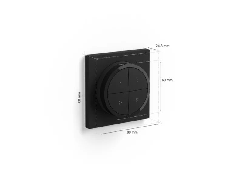 Philips Hue Tap Dial Switch Svart er en trådløs bryter til Philips Hue som lar deg dimme, styre lys og aktivere scener enkelt fra vegg eller bord.
