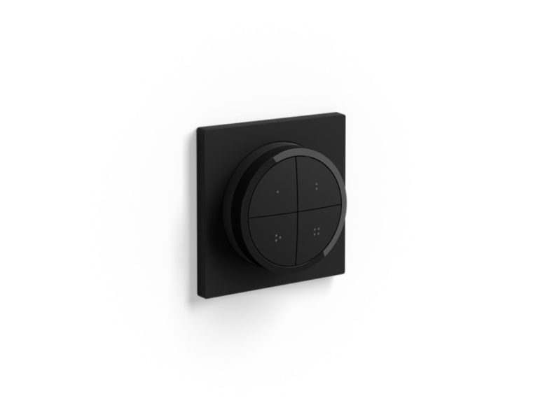 Philips Hue Tap Dial Switch Svart er en trådløs bryter til Philips Hue som lar deg dimme, styre lys og aktivere scener enkelt fra vegg eller bord.
