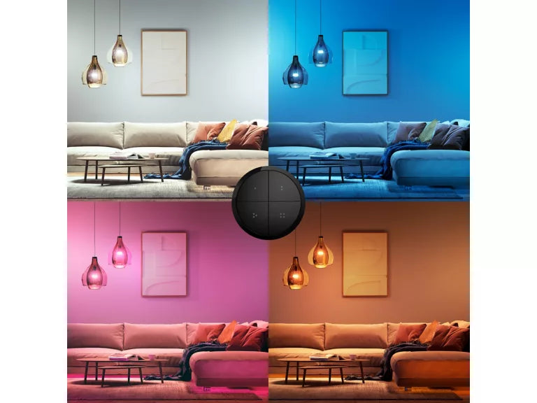 Philips Hue Tap Dial Switch Svart er en trådløs bryter til Philips Hue som lar deg dimme, styre lys og aktivere scener enkelt fra vegg eller bord.
