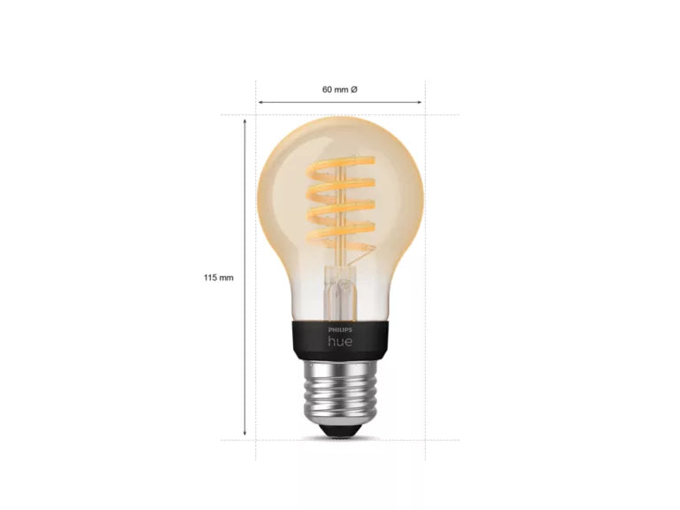 Filament smartpære E27 med klassisk form og justerbart hvitt lys. Enkel styring med app, Bluetooth eller Hue Bridge.