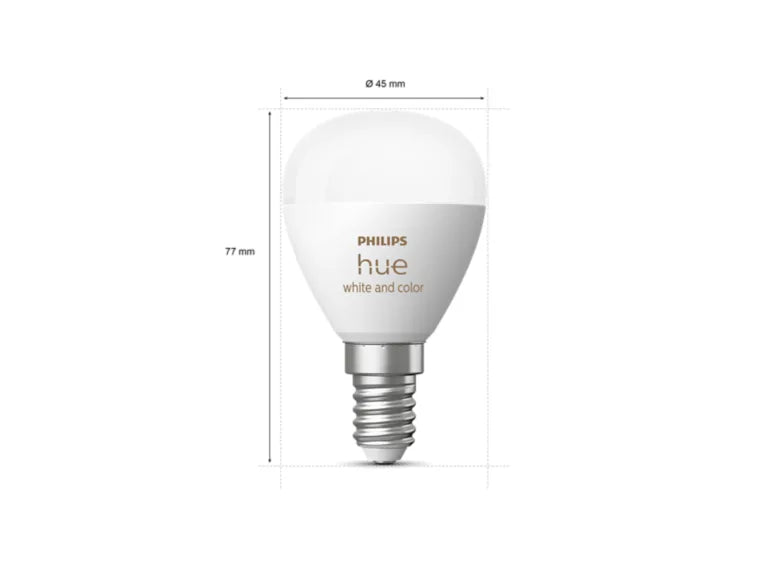 Smartpære E14 med millioner av farger og dimbart hvitt lys. Styres med app, Bluetooth eller Hue Bridge.