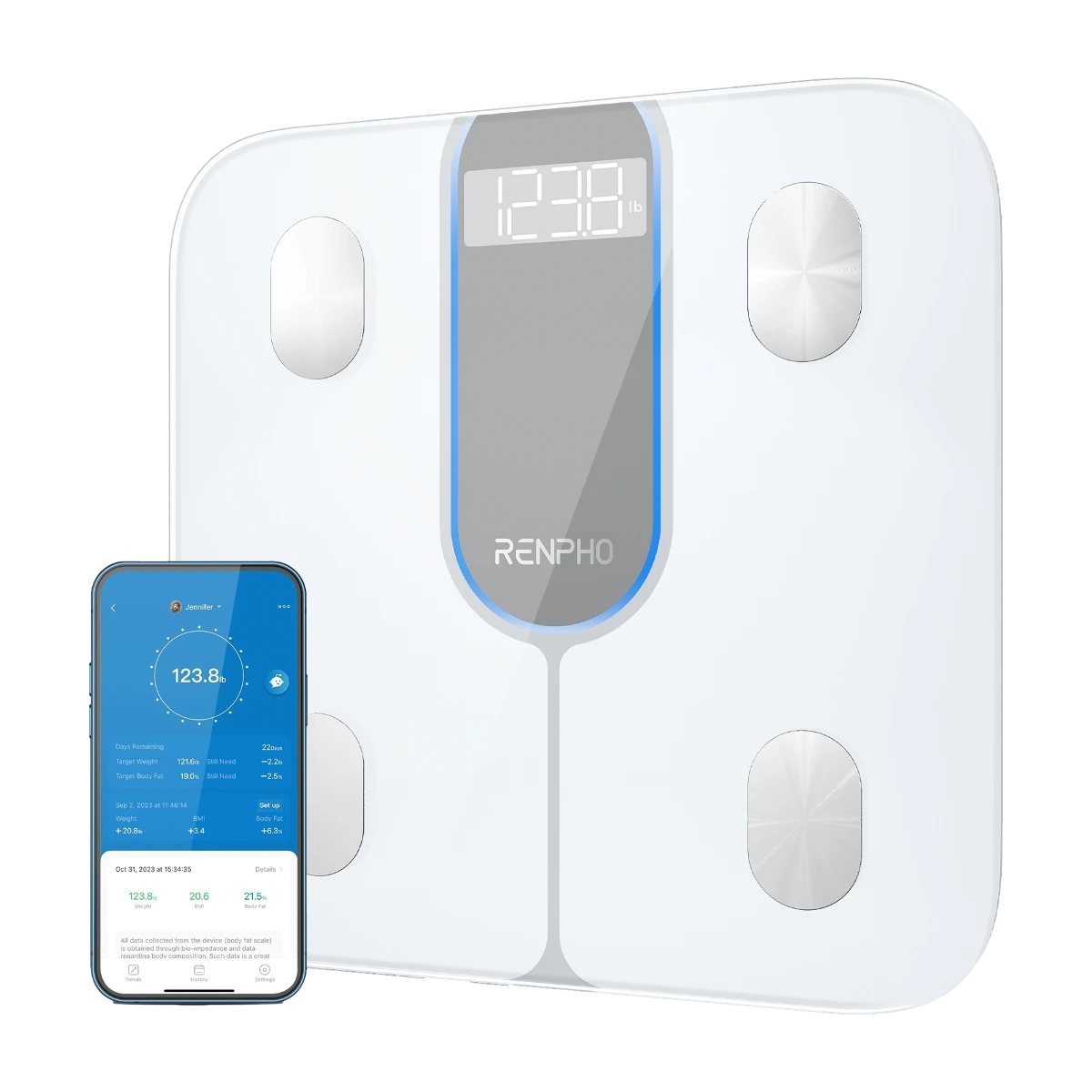 RENPHO Elis 1C smart personvekt med Bluetooth og 13 kroppsmål. Følg vekt, fettprosent, muskelmasse og BMI i RENPHO Health-appen. Hvit utførelse.