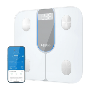 RENPHO Elis 1C smart personvekt med Bluetooth og 13 kroppsmål. Følg vekt, fettprosent, muskelmasse og BMI i RENPHO Health-appen. Hvit utførelse.