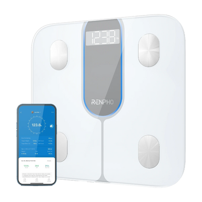 RENPHO Elis 1C smart personvekt med Bluetooth og 13 kroppsmål. Følg vekt, fettprosent, muskelmasse og BMI i RENPHO Health-appen. Hvit utførelse.