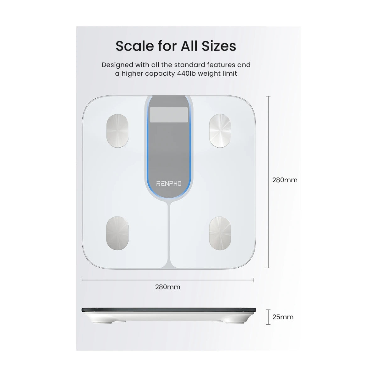 RENPHO Elis 1C smart personvekt med Bluetooth og 13 kroppsmål. Følg vekt, fettprosent, muskelmasse og BMI i RENPHO Health-appen. Hvit utførelse.