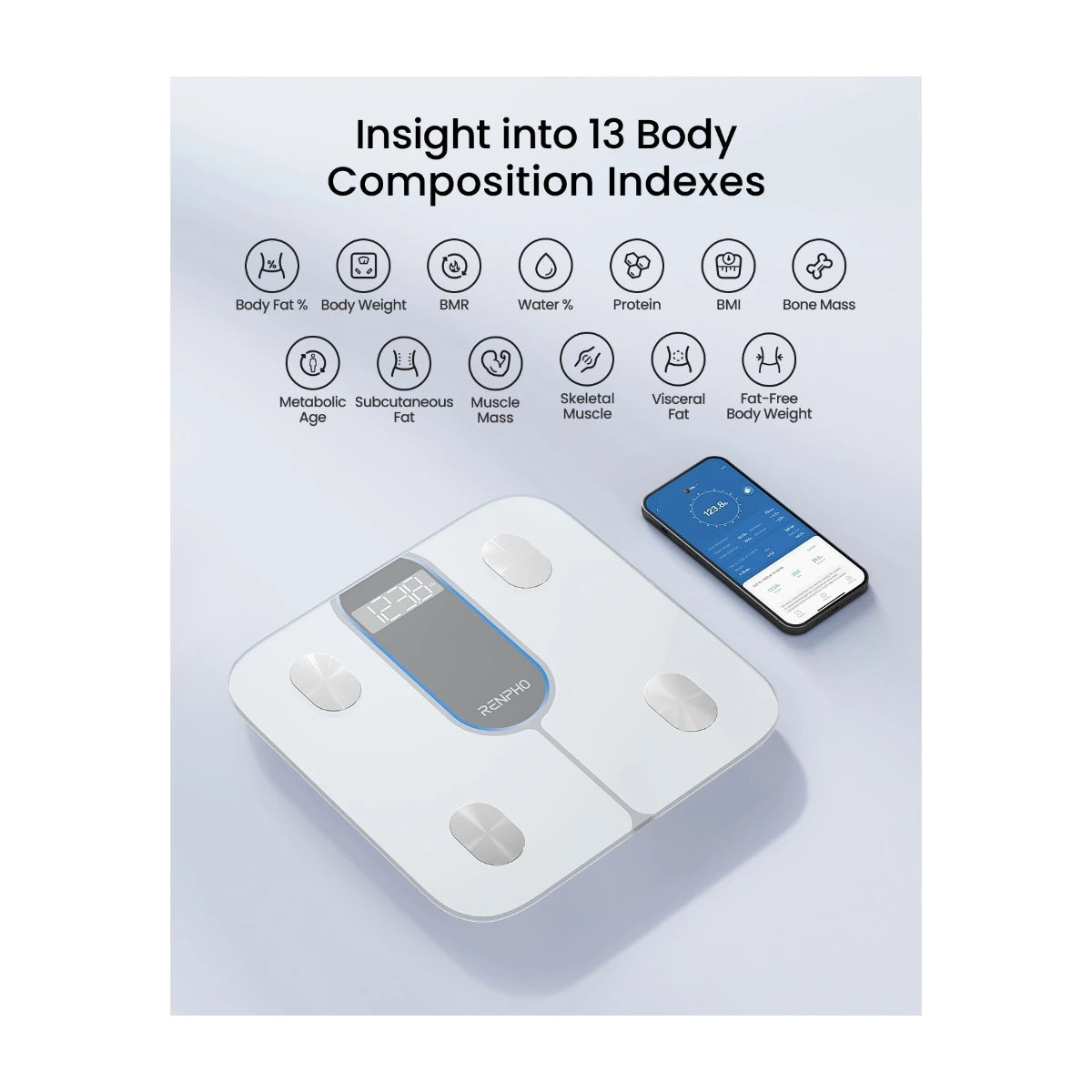 RENPHO Elis 1C smart personvekt med Bluetooth og 13 kroppsmål. Følg vekt, fettprosent, muskelmasse og BMI i RENPHO Health-appen. Hvit utførelse.