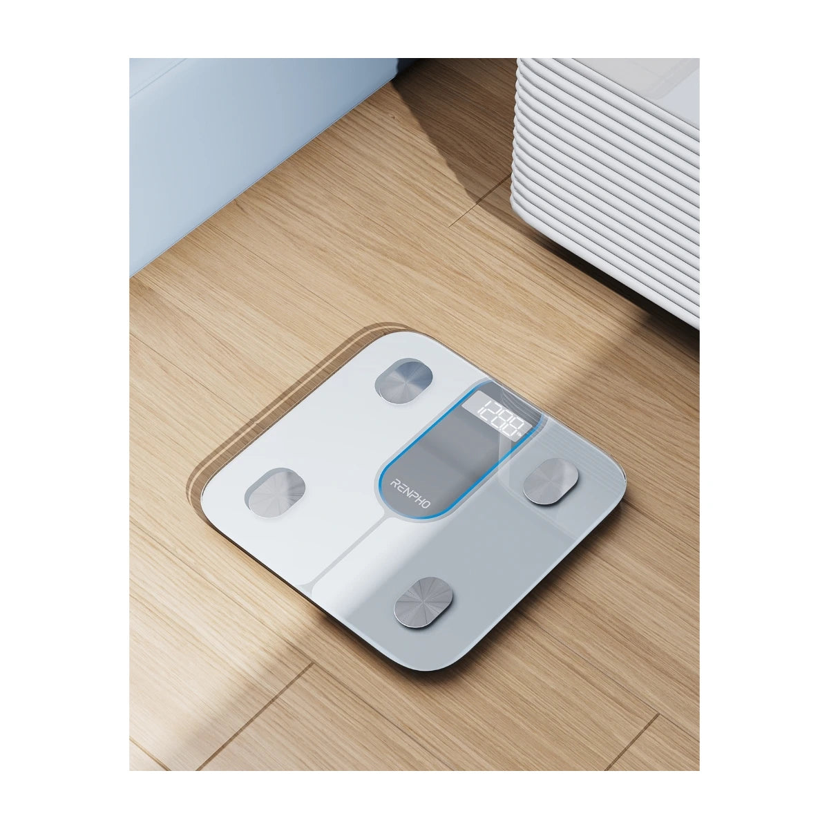 RENPHO Elis 1C smart personvekt med Bluetooth og 13 kroppsmål. Følg vekt, fettprosent, muskelmasse og BMI i RENPHO Health-appen. Hvit utførelse.