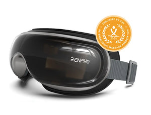 RENPHO Eyeris 3 øyemassasjeapparat med varme, kjølende gelmaske, lufttrykk, Bluetooth og stemmestyring. Tre massasjemoduser og oppladbart batteri.