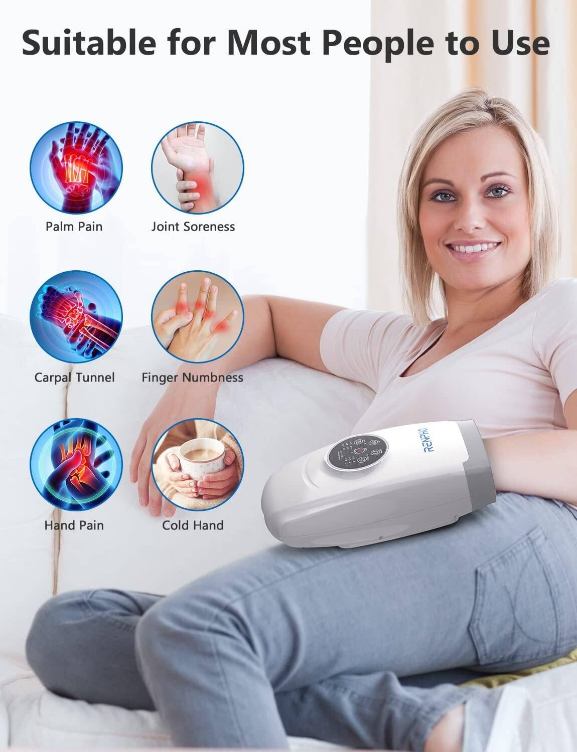 Opplev avslappende håndmassasje med RENPHO Hand Massager. Seks programmer, justerbar luftkompresjon og varmefunksjon. Oppladbart og enkelt i bruk.