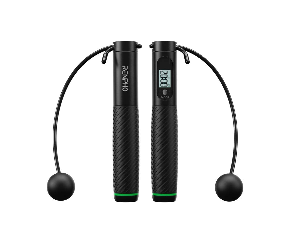 RENPHO Smart Jump Rope med Bluetooth, LCD-skjerm og 3 treningsmoduser. Tren med eller uten tau og følg aktiviteten i RENPHO Health-appen. Kjøp hos Homesync.