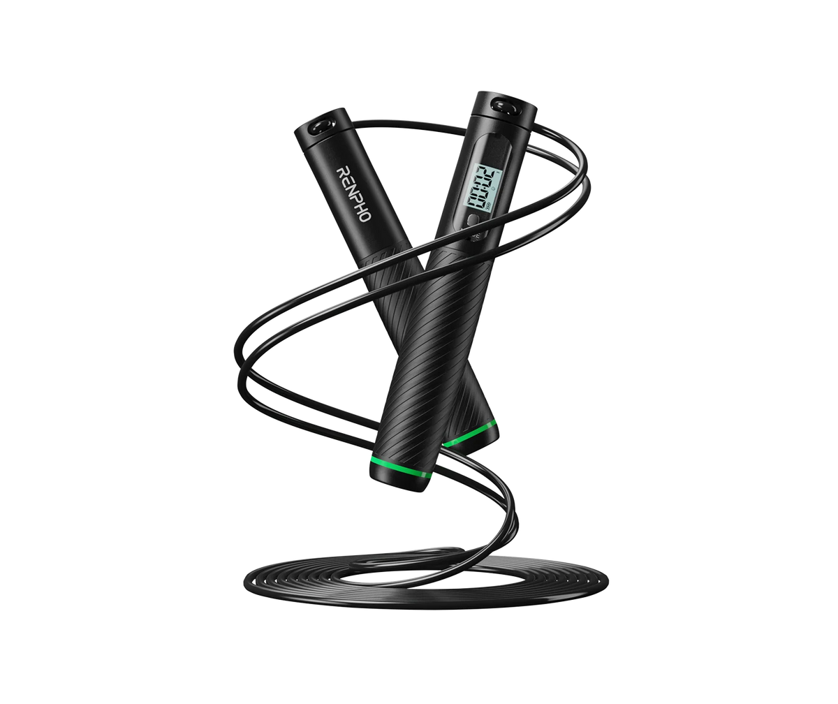 RENPHO Smart Jump Rope med Bluetooth, LCD-skjerm og 3 treningsmoduser. Tren med eller uten tau og følg aktiviteten i RENPHO Health-appen. Kjøp hos Homesync.
