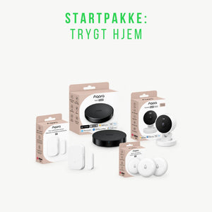 Trygt hjem startpakke med Aqara kamera og sensorer gir kameraovervåking, dørovervåking og vannlekkasjedeteksjon på to steder. Komplett Aqara startpakke for smart sikkerhet.